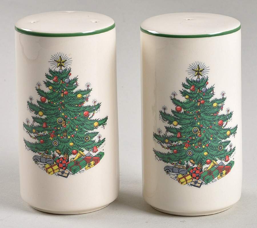 Christmas Tree (Narrow Green Band, Cream, Newer) Salt & Pepper Set by Cuthbertson-1