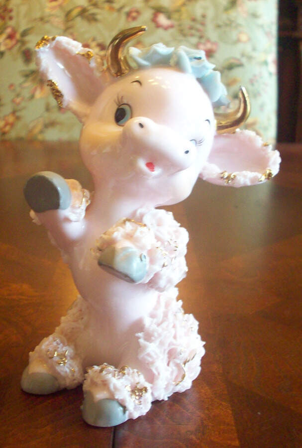 Arnart Figurines Pink Baby Bull W/Blue Roses - No Box by Arnart-1
