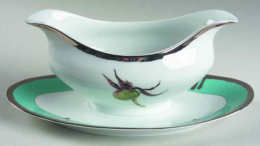 Tuscan Roses Turquoise Gravy Boat with Attached Underplate by Charles Field Haviland-1