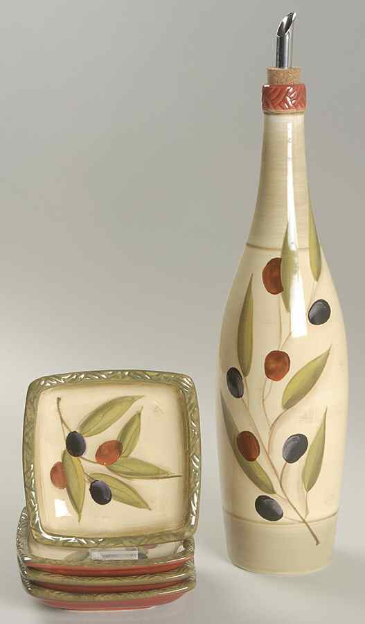 Antique Olive Oil Jar & Drizzler with 4 Dipping Bowls by Clay Art-1