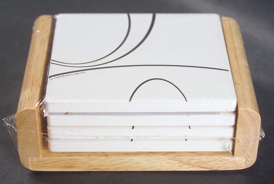 Simple Lines (Corelle) Thirst Coaster with Wood Holder - Set of 4 by Corning Corelle-1