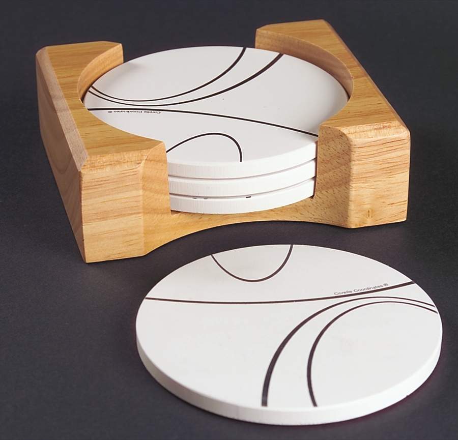 Simple Lines (Corelle) Round (Thirsty) Stone Coaster with Holder - Set of 4 by Corning Corelle-1
