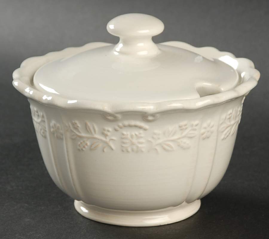 Traditions Embossed White (Corelle) Sugar Bowl & Lid by Corning Corelle-1