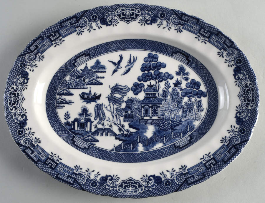 Blue Willow (Swirl, Columbia, Malaysia, England) 12" Oval Serving Platter by Churchill-1