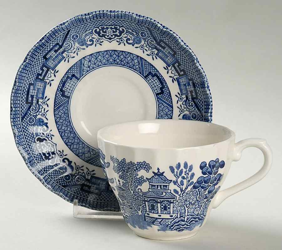 Blue Willow (Swirl, Columbia, Malaysia, England) Flat Cup & Saucer Set by Churchill-1