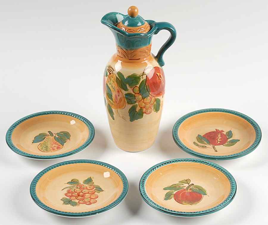 Tivoli Oil Jar/Cruet with Lid and 4 Motif Dip Bowls by Certified International-1