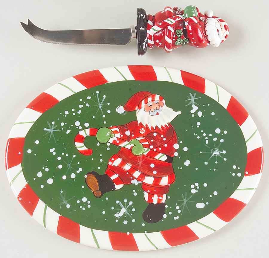 Peppermint Santa Oval Cheese Plate with Knife by Certified International-1