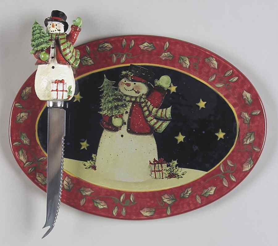 Victorian Snowman Oval Cheese Plate with Knife by Certified International-1