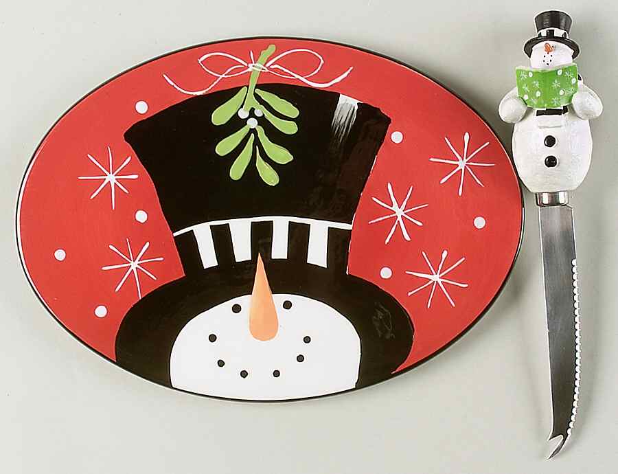 Holiday Snowman Oval Cheese Plate with Knife by Certified International-1