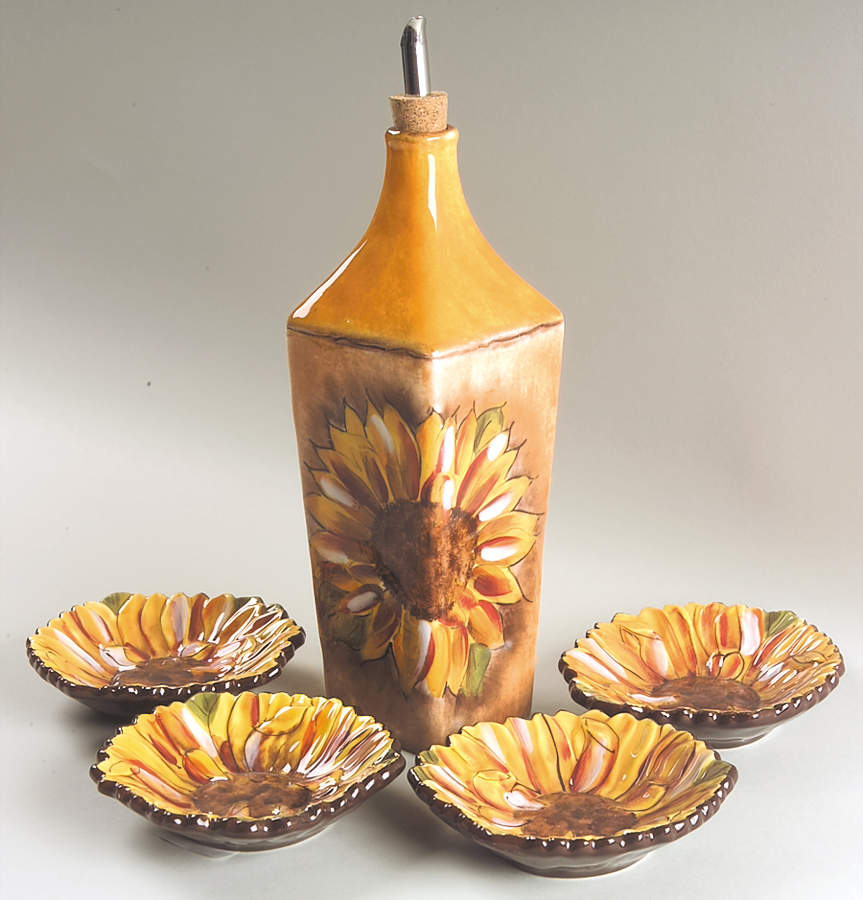 Tuscan Sunflower Oil Jar & Drizzler with 4 Dipping Bowls by Clay Art-1