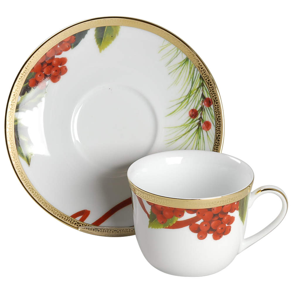 Fashion Buffet Gold (Holly and Pine) Flat Cup & Saucer Set by Charter Club-1