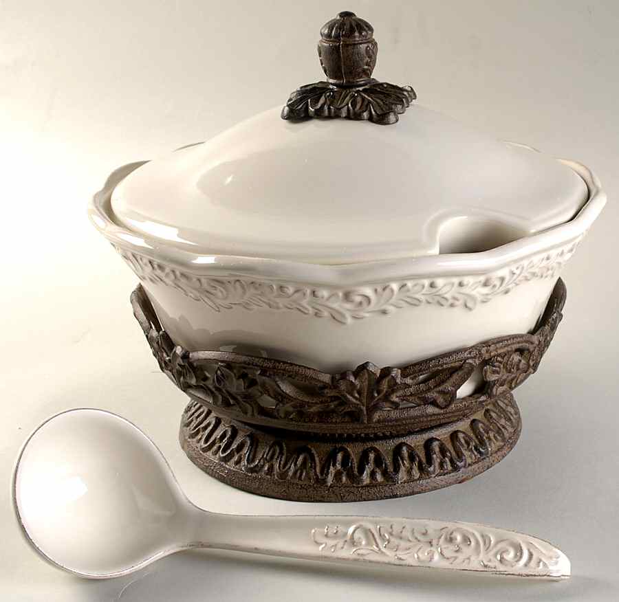 Renaissance Ivory Tureen & Lid W/Ladle & Metal Stand by Certified International-1