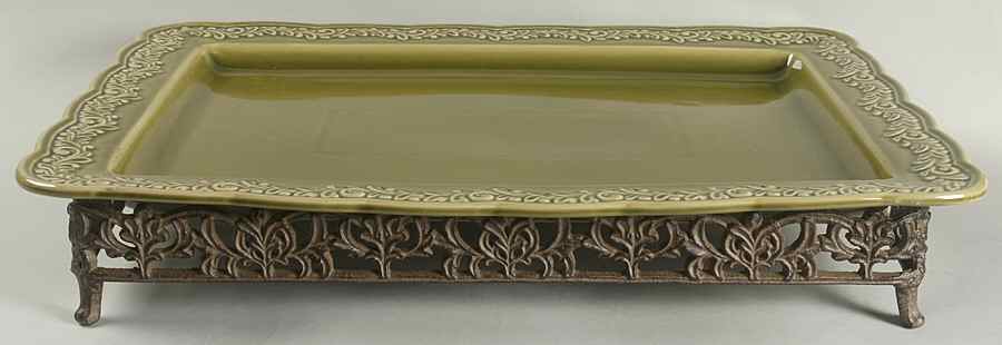 Renaissance Green 20" Rectangular Platter & Metal Stand by Certified International-1