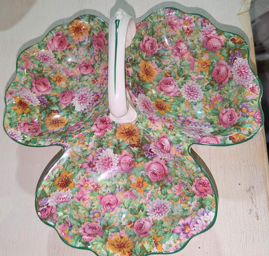 Pink Chintz (Green Trim) 3-Part Relish by Crown Ducal-1