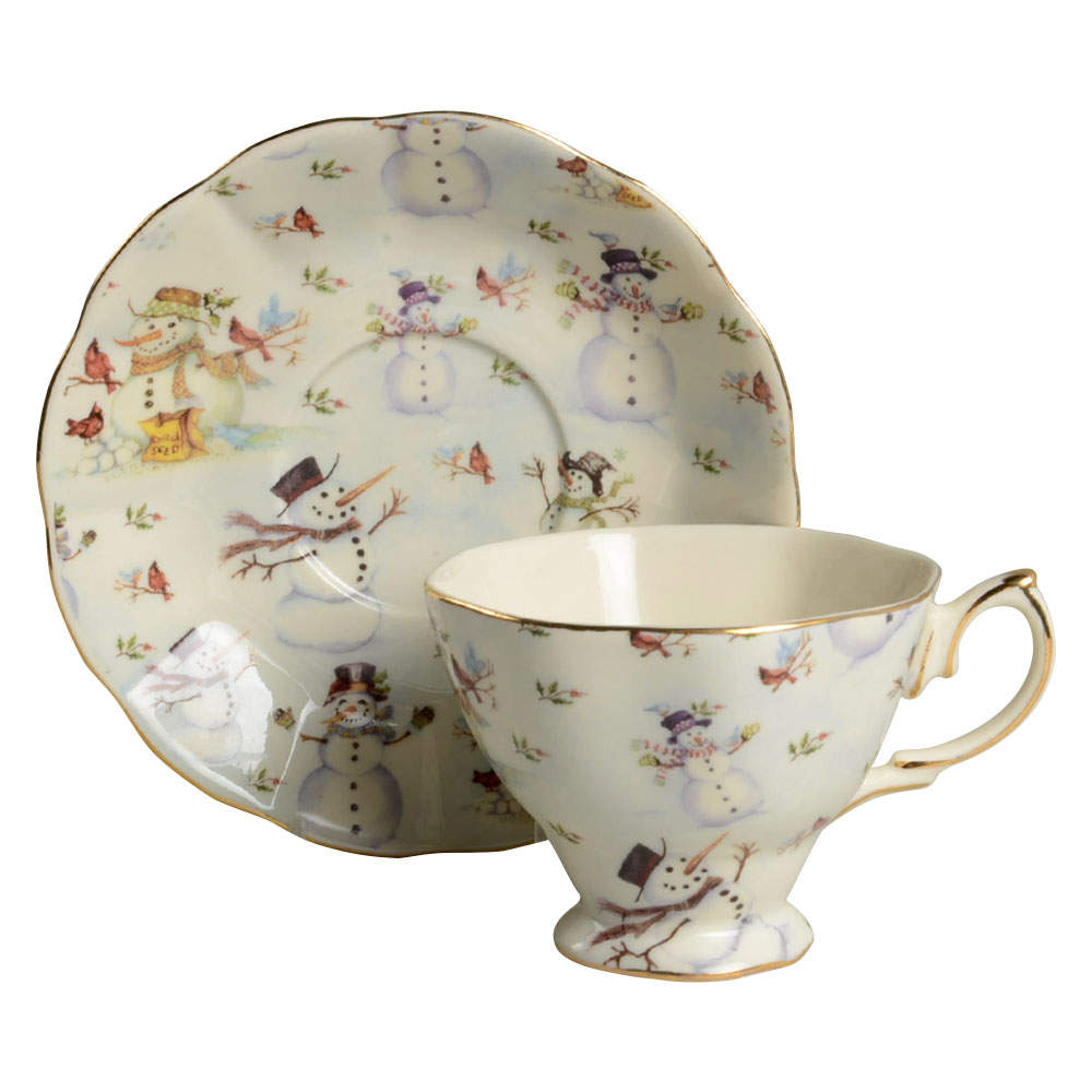 Snowman Cream Footed Cup & Saucer Set by Coastline Imports-1