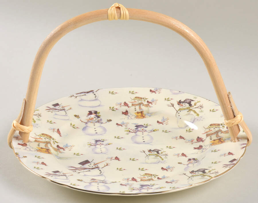 Snowman Cream 5 3/8"-5 5/8" Bamboo Handled Serving Plate  HC by Coastline Imports-1