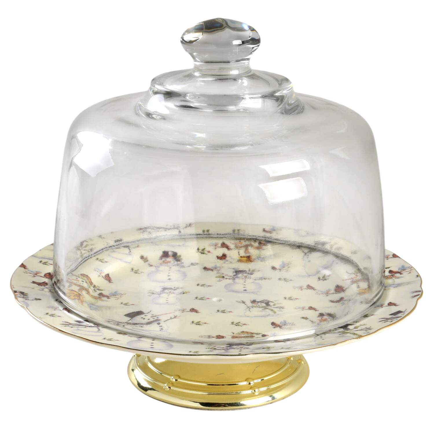 Snowman Cream 6 1/2"-7 1/2" Footed Cheese Plate w/ Glass Dome HC by Coastline Imports-1