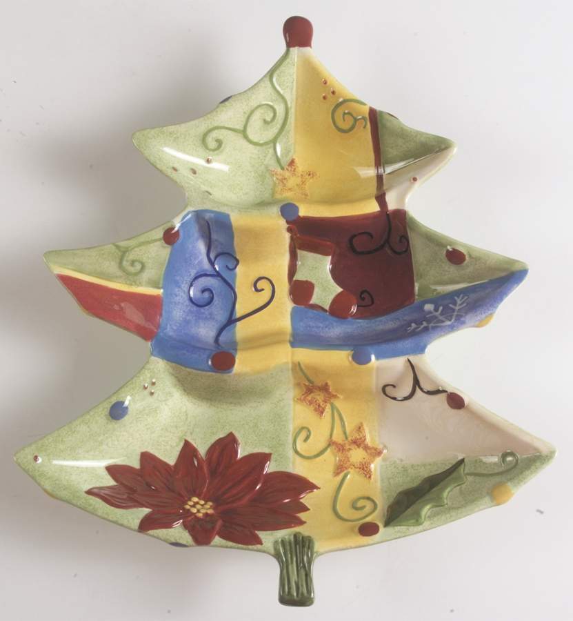 Holiday Quilt 14" 3 Part Large Tree Shaped Dish by Corsica Home-1