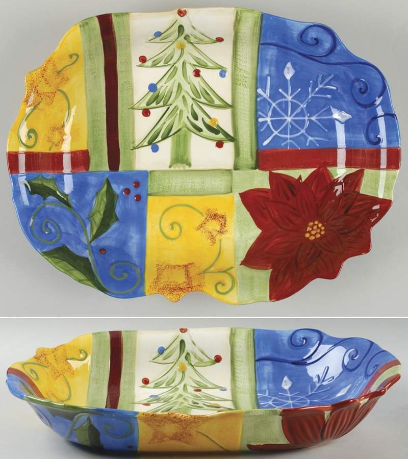 Holiday Quilt 17" Deep Oval Serving Platter by Corsica Home-1