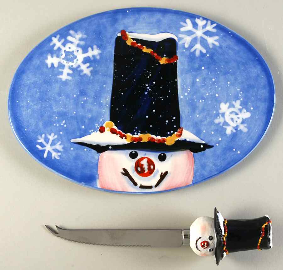 Top Hat Snowman (Blue) Oval Cheese Plate with Knife by Certified International-1