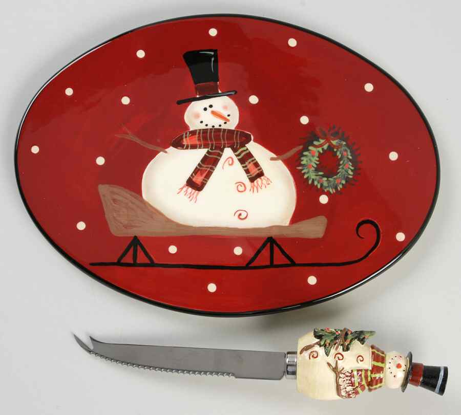 Sledding Snowman Oval Cheese Plate with Knife by Certified International-1