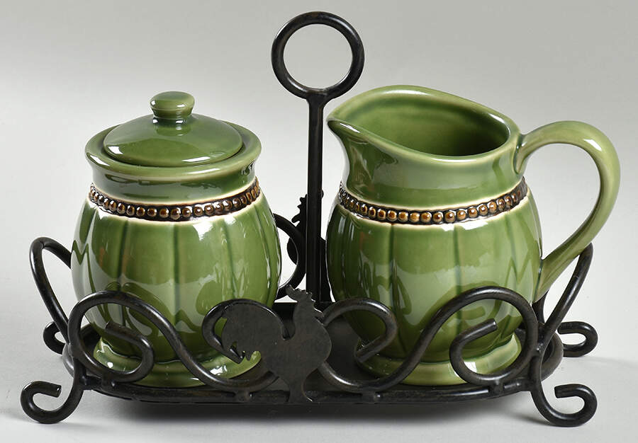 Elegant Rooster Creamer & Sugar W/Metal Stand by Cracker Barrel-1