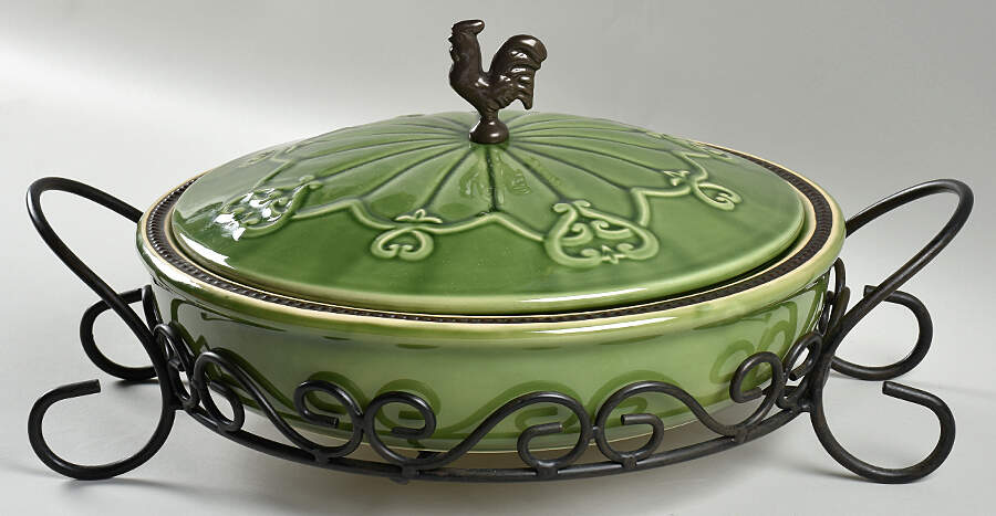 Elegant Rooster 3 Qt Round Covered Casserole w/Metal Stand by Cracker Barrel-1