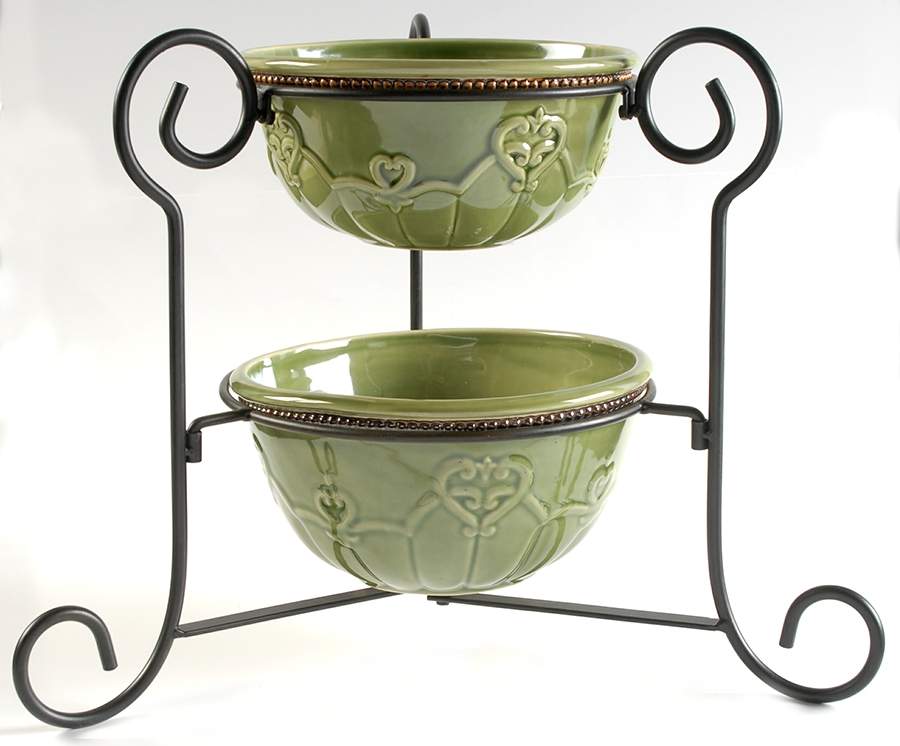 Elegant Rooster 2 8" Serving Bowls & Metal Stand by Cracker Barrel-1