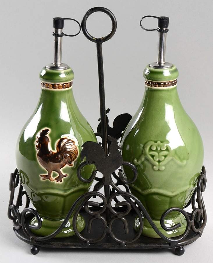 Elegant Rooster Oil & Vinegar Drizzle Jars with Metal Holder by Cracker Barrel-1