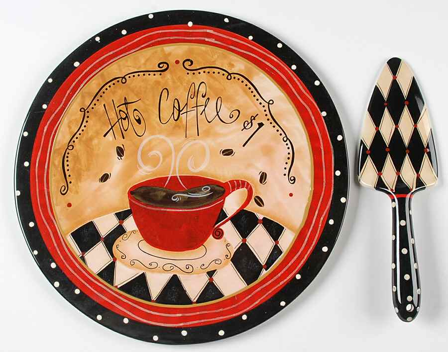 Coffee Cafe Cake Plate & Solid Ceramic Server Set (No Box) by Certified International-1