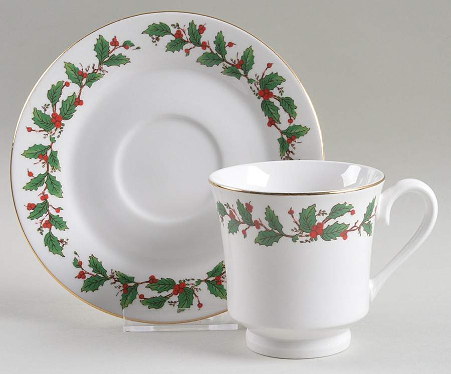 American Holly Footed Cup & Saucer Set by China Pearl-1