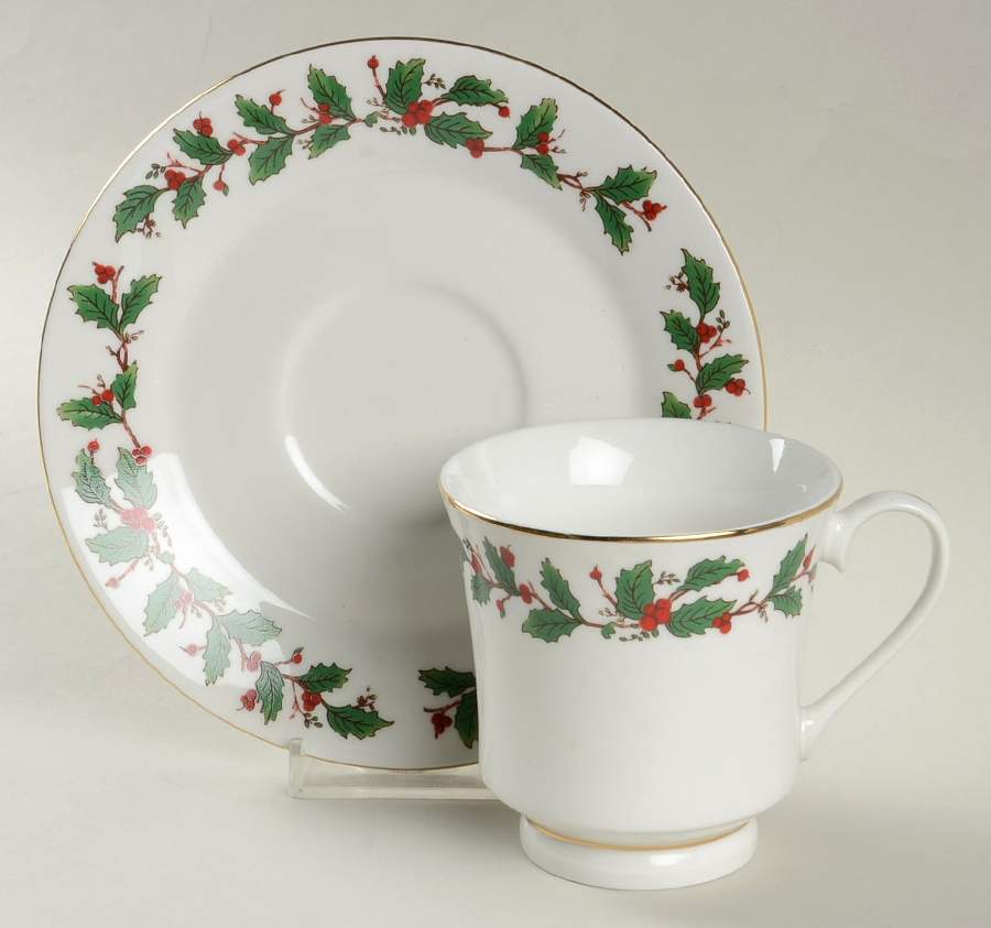 American Holly Footed Cup & Saucer Set by China Pearl-1