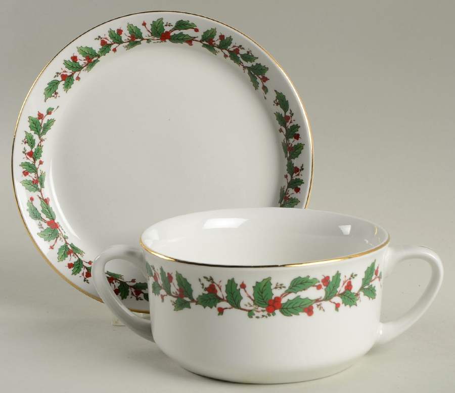 American Holly Flat Cream Soup Bowl & Saucer Set by China Pearl-1