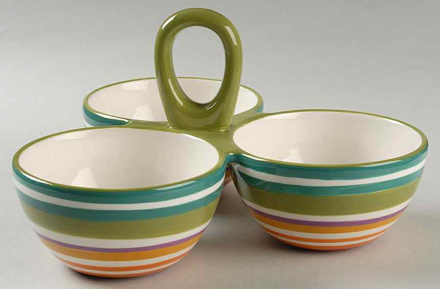 Floral Stripe 3-Part Relish with Center Ceramic Handle by Clay Art-1