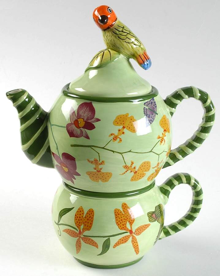 Parrotdise (Earthenware) Individual Teapot & Lid with Cup by Lynn Chase-1