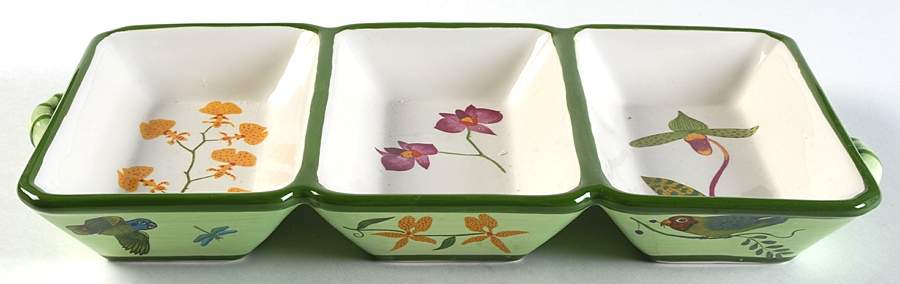 Parrotdise (Earthenware) 3 Section Server by Lynn Chase-1