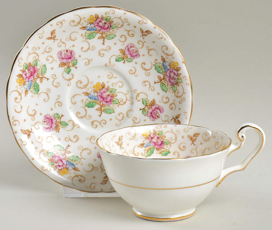English Rose (White Background) Footed Cup & Saucer Set by Cartwright & Edwards-1