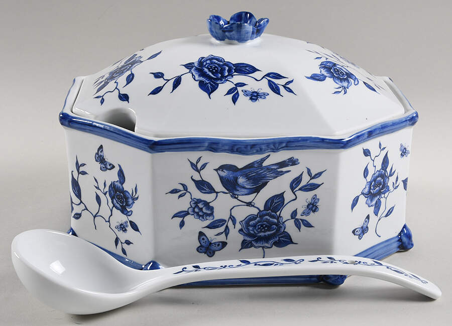 Blue Bliss Tureen & Lid w/Ladle by Cracker Barrel-1