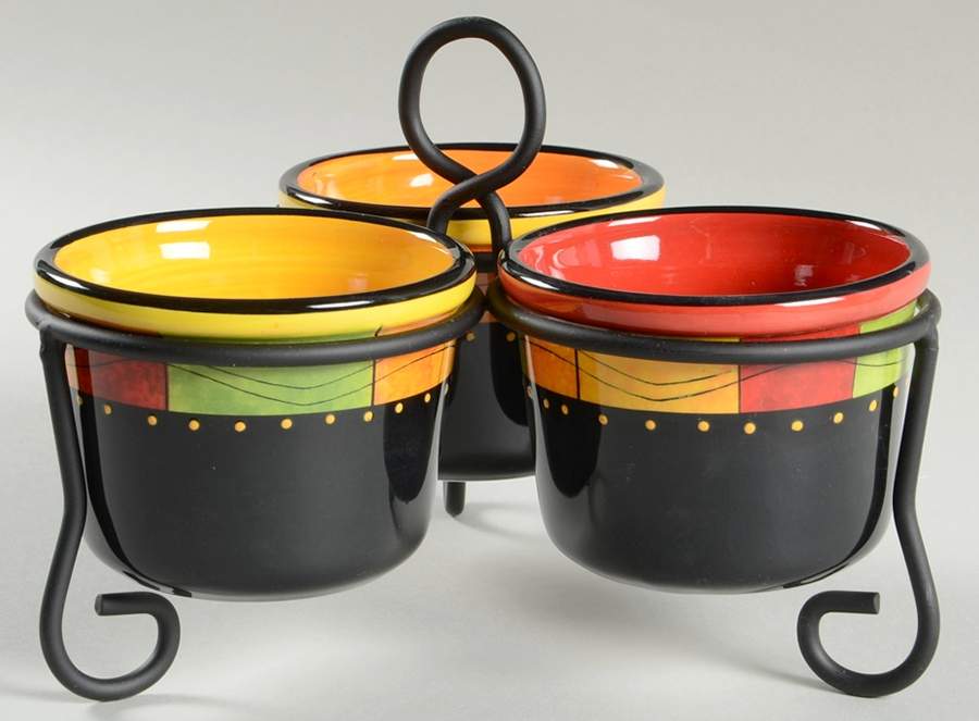 Caliente Condiment Bowl - Set of 3 Motifs & Metal Stand by Certified International-1
