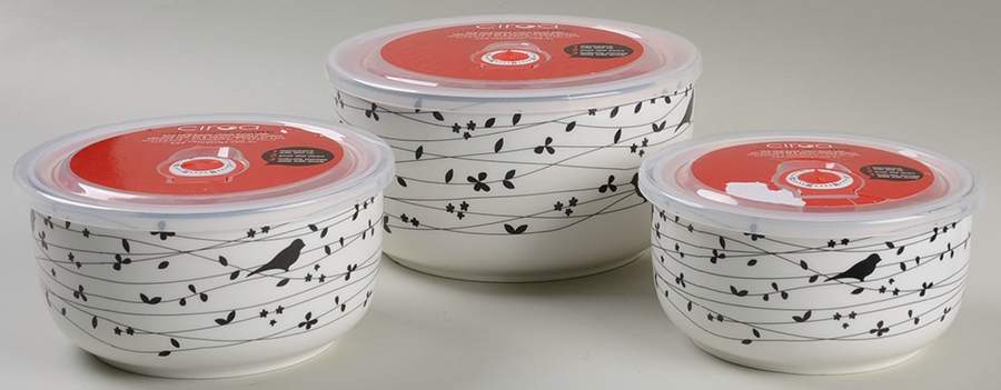 Oiseau Black (Set of 3) Round Plastic Microwave Bowl w/Vent Lid by Ciroa-1