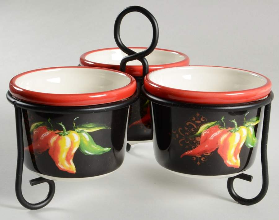 Chili Pepper Condiment Bowl - Set of 3 & Metal Stand by Certified International-1