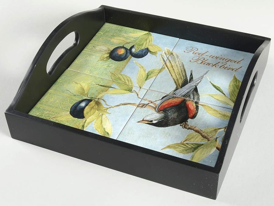 Botanical Birds Square Wood Tray with Tile Insert by Certified International-1