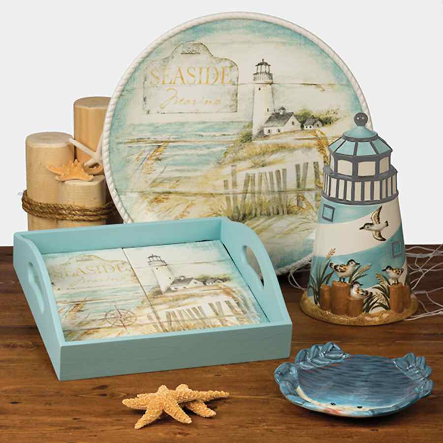 Beach Cottage Square Wood Tray with Tile Insert by Certified International-1