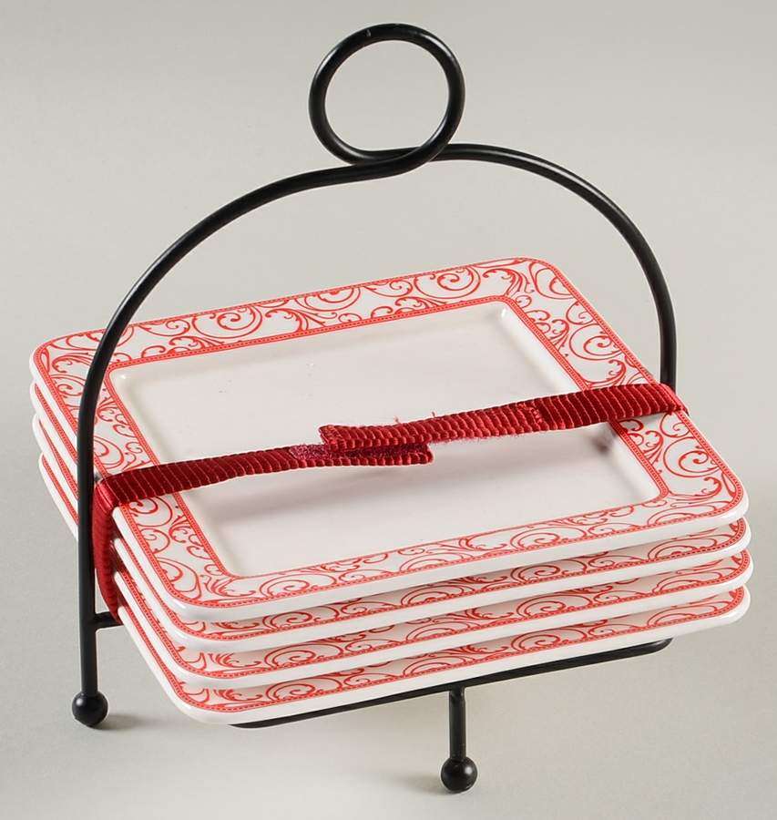 Veluto Red Appetizer Plate - Set of 4 & Metal Stand by Ciroa-1