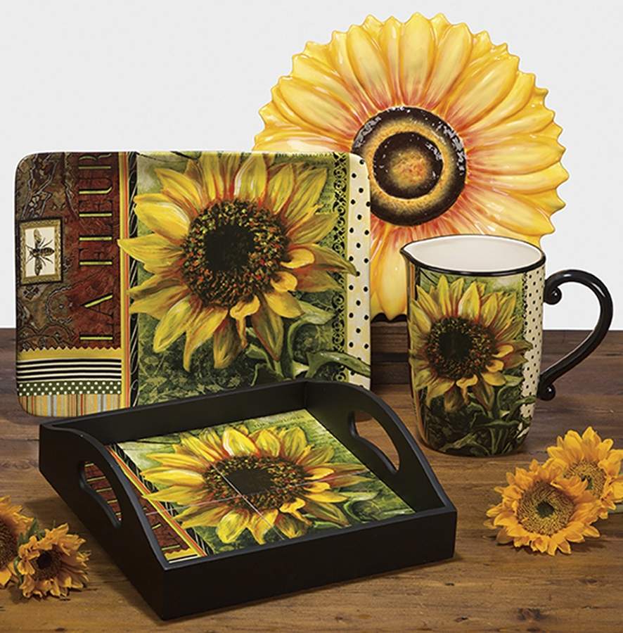 Vintage Sunflower Square Wood Tray with Tile Insert by Certified International-1