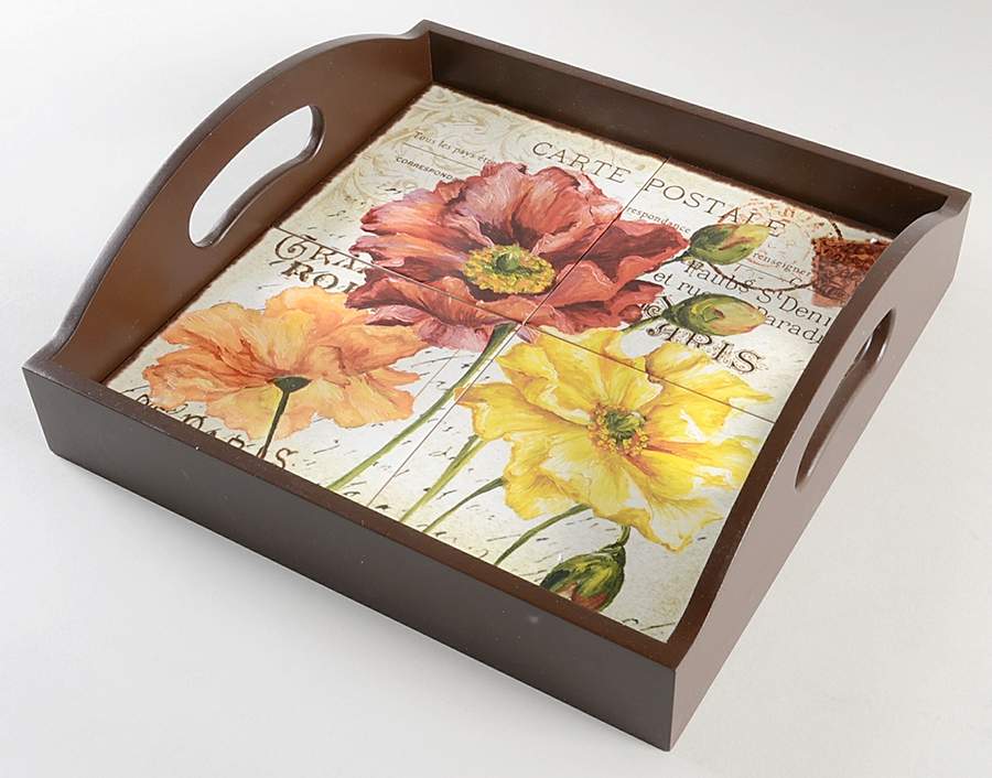 Le Fleur Poppies Square Wood Tray with Tile Insert by Certified International-1