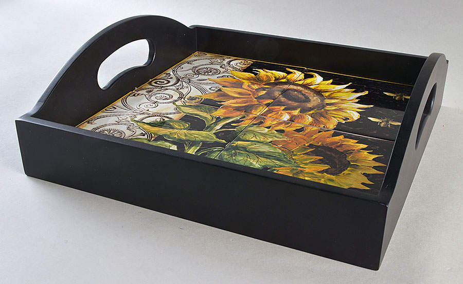 French Sunflowers Square Wood Tray with Tile Insert by Certified International-1