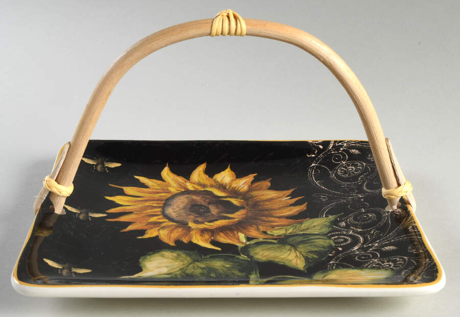 French Sunflowers 5 3/8"-5 5/8" Bamboo Handled Serving Plate  HC by Certified International-1