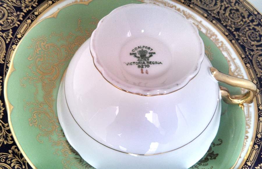 Victoria Regina Green Footed Cup & Saucer Set by Coalport-1