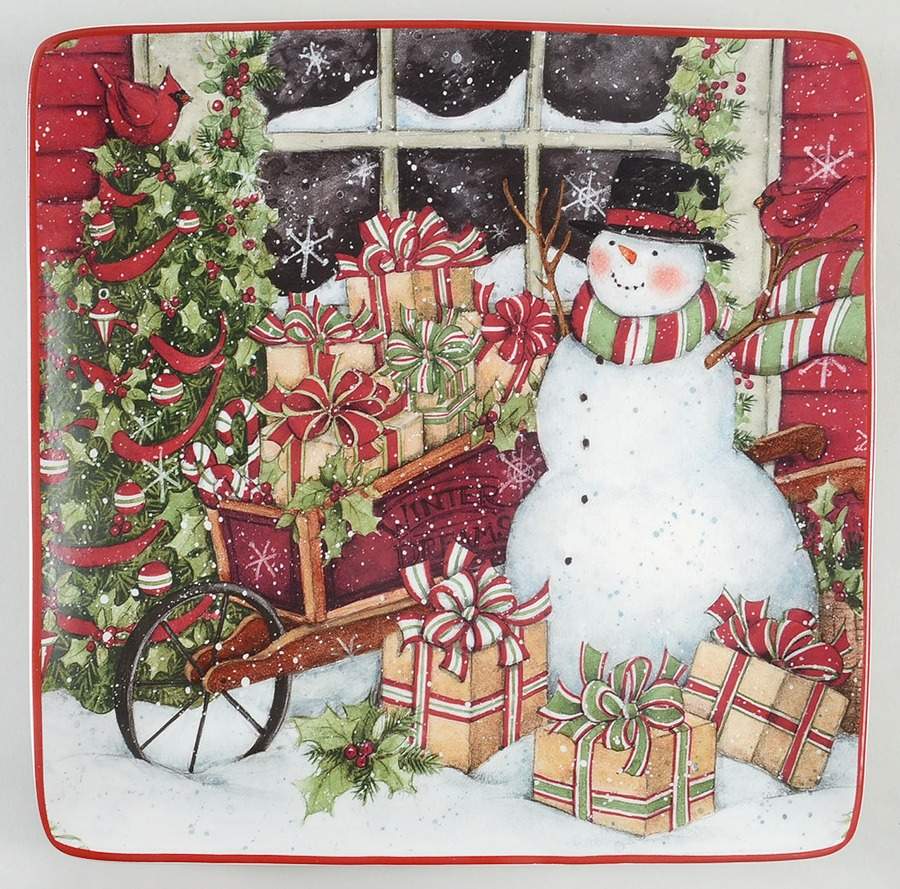 Snowman's Sleigh Square Dinner Plate by Certified International-1